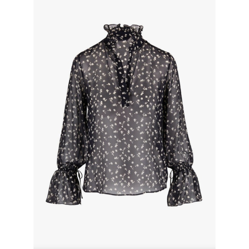 Nili Lotan Demi 100% Silk Top Black Floral Ruffle Neck Bell Sleeve Women's Large